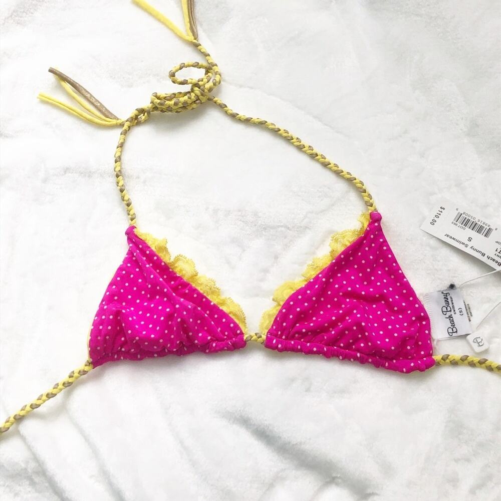 Beach bunny lady lace pink polka dot yellow reversible bikini top small braided